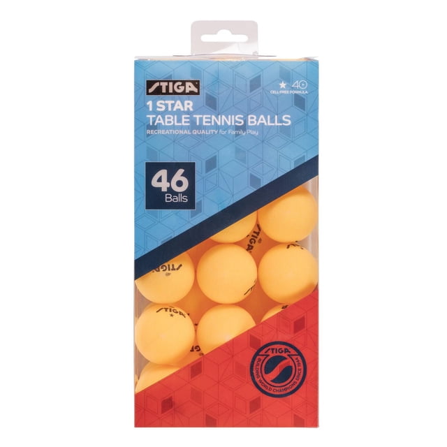 STIGA 1-Star 46-Pack Table Tennis Orange Balls in a clear box with blue and red geometric design, containing 46 orange 40mm balls with STIGA logos, designed for recreational family play and meeting ITTF size and weight standards, also suitable for casual ping pong practice.