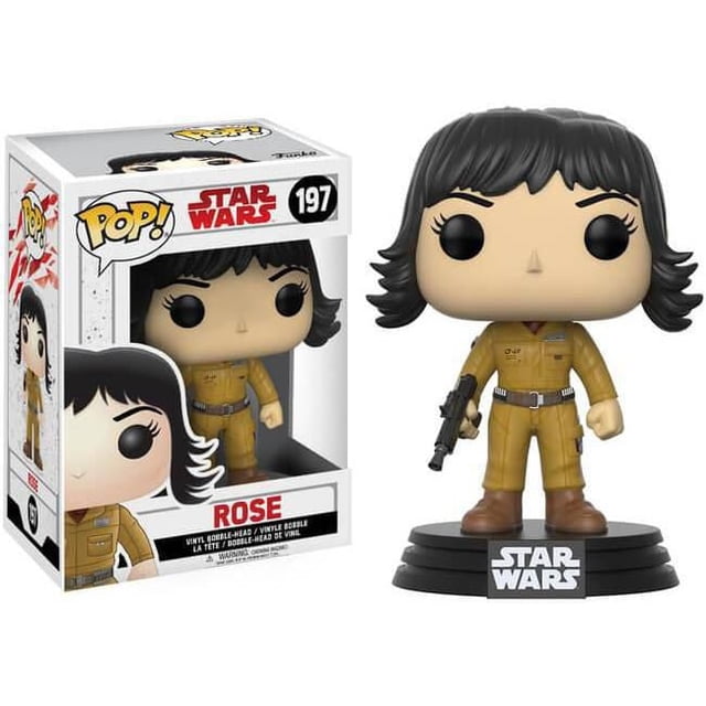 Funko POP! Star Wars - Rose Tico Vinyl Figure showing a 3-inch vinyl bobble-head of Rose Tico in a brown jumpsuit holding a blaster, standing on a black base with the Star Wars logo, next to its collectible box numbered 197, suitable for action figure collections.