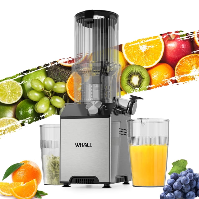 WHALL Slow Masticating Cold Press Juicer Machine with a 4-inch extra-large feed chute and reverse function, designed for both soft and hard ingredients. The juicer features a stainless steel finish, BPA-free components, and a 180W motor for efficient juice extraction. The image shows the juicer with a sleek grey exterior, a transparent chute, and two containers—one for juice and one for pulp. Fresh fruits like oranges, kiwis, and grapes are displayed around the juicer, emphasizing its versatility.