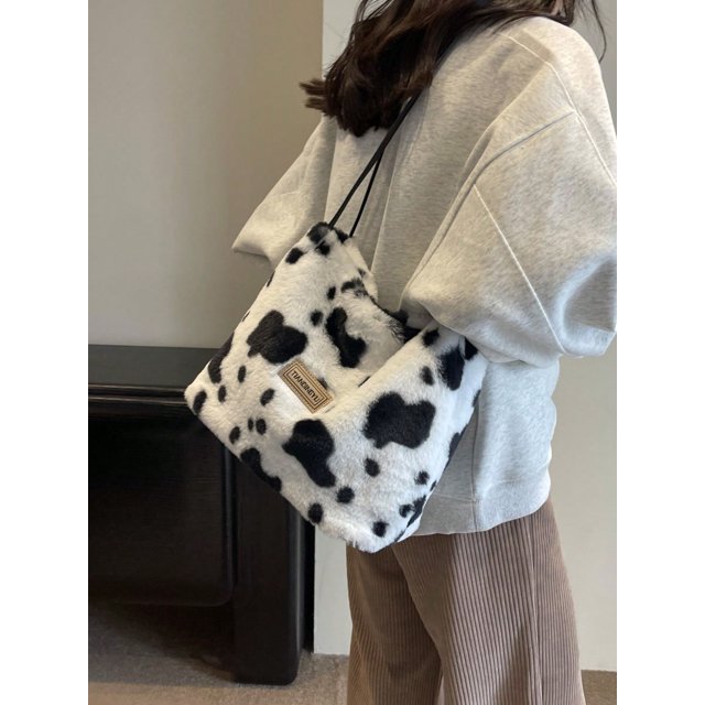Women's Winter Plush Simple Large Pocket Shoulder Bag, Leopard Print Fashionable Handbag