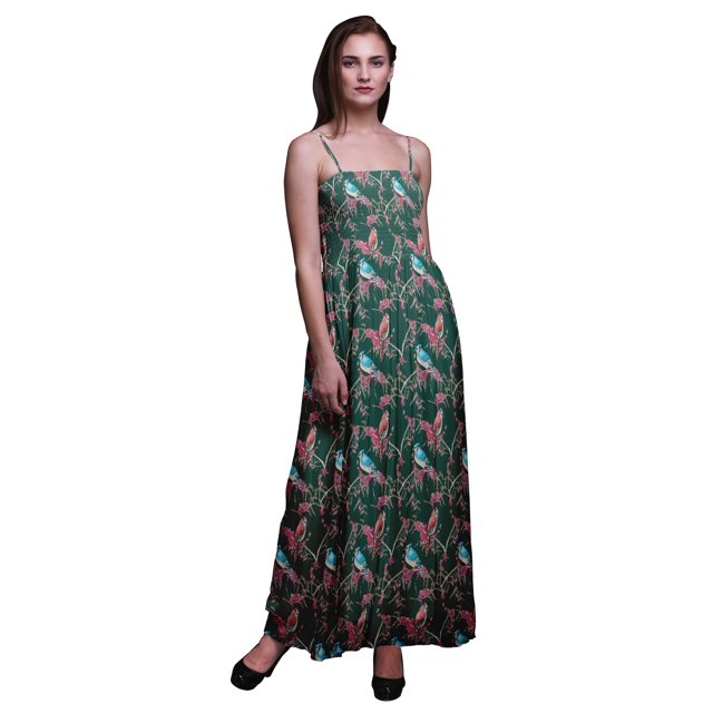Bimba Robe Maxi Tube Smockée d'Été pour Vacances à Imprimé de Baies Rouges et d'Oiseaux Bulbules - Très Petit