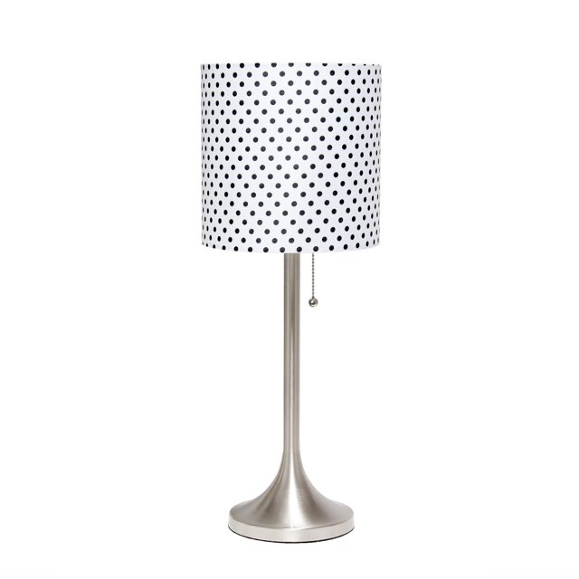 Simple Designs Lampe de Table Conique avec Abat-Jour Tambour en Tissu, Dotée d'Une base en Métal Brossé et d'Un Abat-Jour Tambour en Tissu Blanc à Pois Noirs, Équipée d'Un Interrupteur à Chaîne à Tirer, Convient à l'Éclairage d'Ambiance et à l'Utilisation au Chevet.