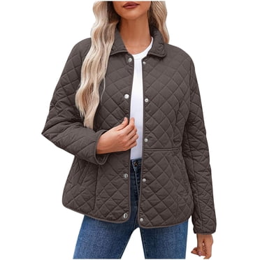 aohooy Manteau Matelassé pour Femmes Automne Léger à Manches Longues Boutonné Veste Matelassée à Losanges Manteau d'Extérieur Bomber avec Poches Gris Foncé,L