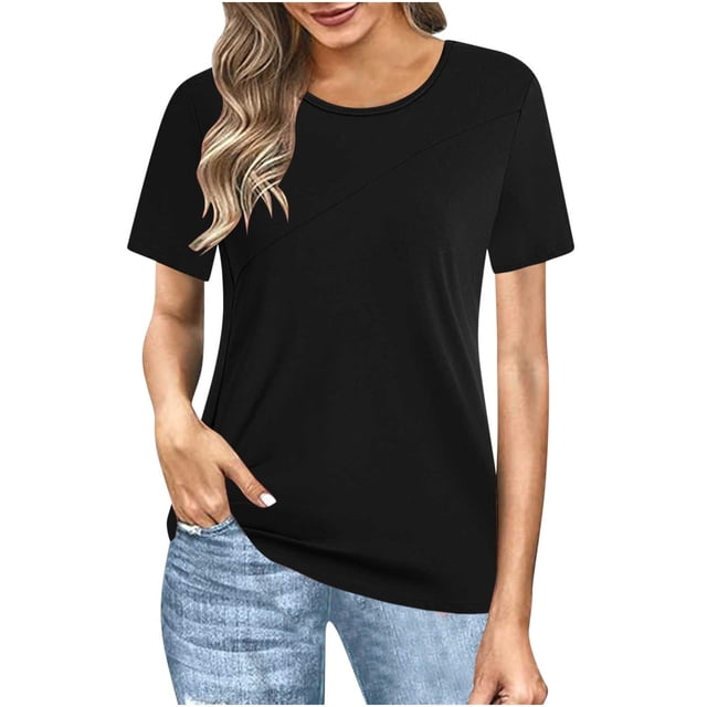 Plebaso Blouses Grande Taille pour Femmes Manches Courtes Col Rond Chemises Décontractées Couleur Unie Tunique Ample Confortable