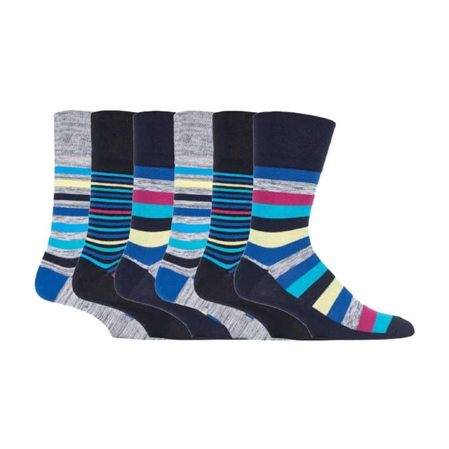 Gentle Grip - 6 Pairs Mens Gentle Grip Non Elastic Socks featuring a variety of striped patterns in blue, grey, and multicolour tones. These cotton-rich socks are designed with a HoneyComb Top for comfort, ideal for those with circulatory issues or swollen feet. The flat seamed toes enhance wearability, and the gentle grip tops prevent constriction marks, making them suitable for diabetics. Displayed in a side-by-side arrangement.