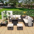 thumbnail image 3 of Costway 9PCS Patio Rattan Furniture Set Fire Pit Space-saving W/Cover Off White Cushion, 3 of 9