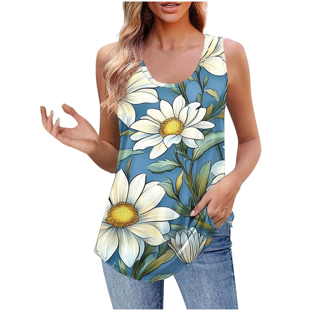 UPPADA Camisoles Mignonnes pour Femmes Tendance Col Rond à Fleurs Hauts d'Été Sans Manches Blouses Chic Décontracté Débardeurs Graphiques Bleu Marine,2TG