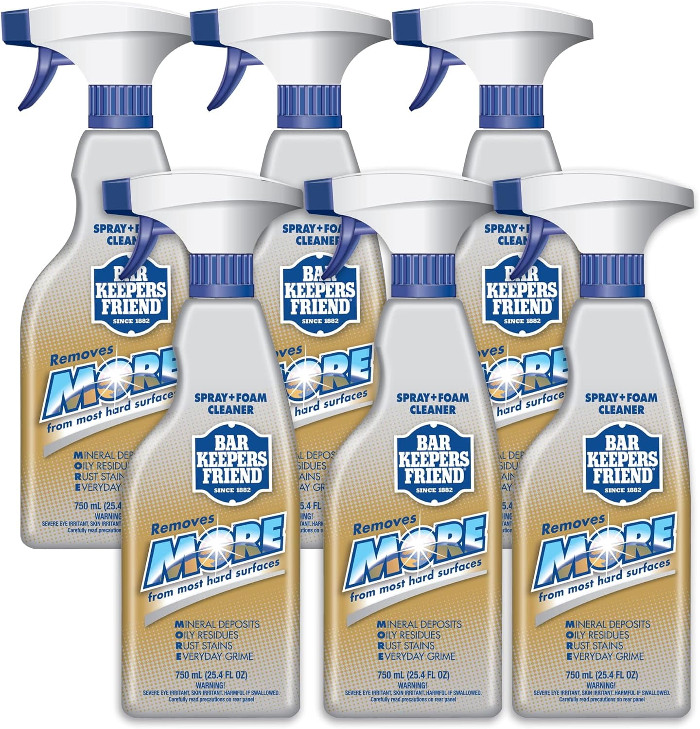 Bar Keepers Friend MORE Spray + Foam Multipurpose Cleaner (6 x 25.4 oz), Stain & Rust Remover for Bathroom, Kitchen & Outdoor Use on Stainless Steel, Aluminum, Brass, Tile, Ceramic, Porcelain & More