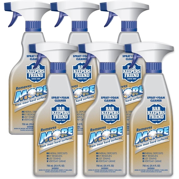 Bar Keepers Friend MORE Spray + Foam Multipurpose Cleaner (6 x 25.4 oz), Stain & Rust Remover for Bathroom, Kitchen & Outdoor Use on Stainless Steel, Aluminum, Brass, Tile, Ceramic, Porcelain & More