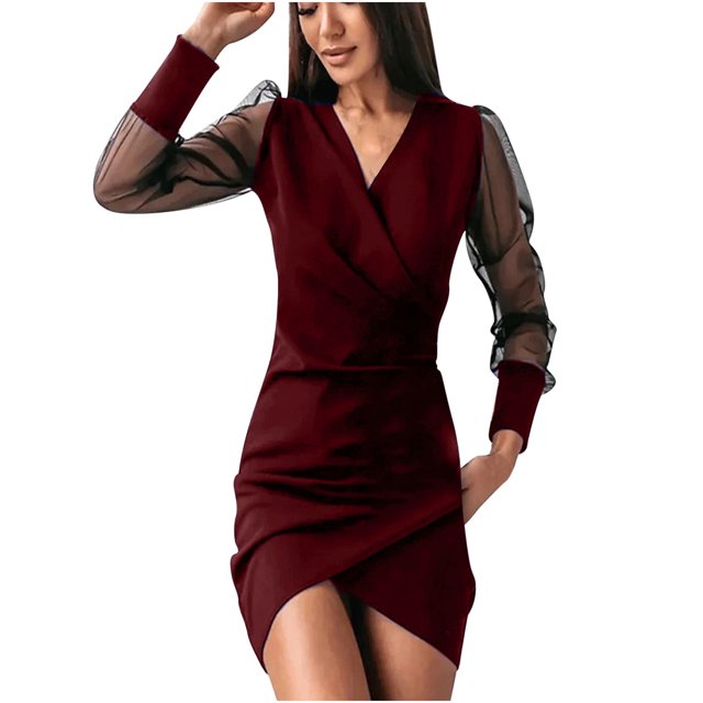 CEHVOM Robe Femme Unie à Col en V à Manches Longues Décontractée en Gaze Robe Longue de Soirée Soldes