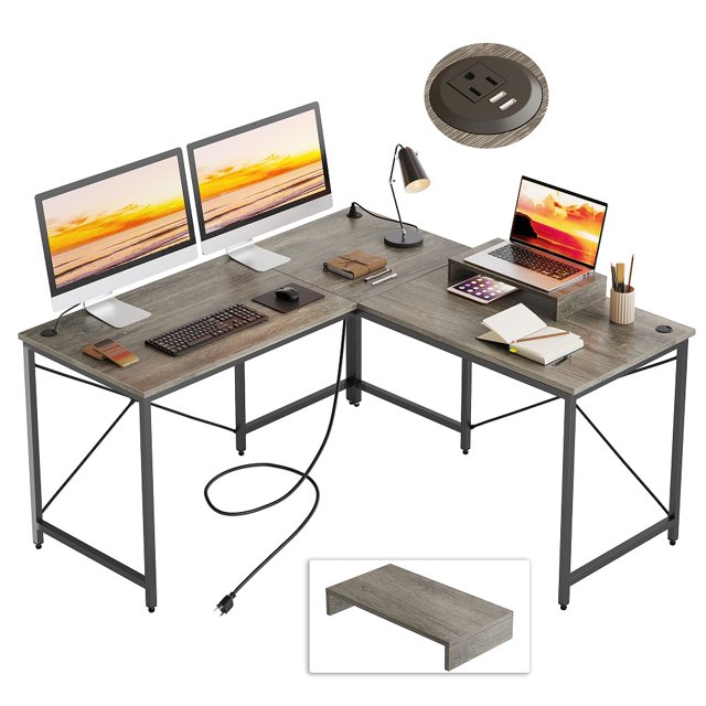 Bestier 95.2 inch L Shaped Desk with Power Outlet Reversible Corner Office Desk Grey