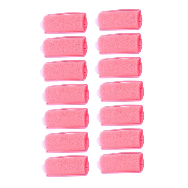 Portable lightweight hair curler set featuring 14 pink sponge rollers with plastic clips. Designed for hair-harmless styling, these curlers are soft, lightweight, and stable, suitable for wet and dry use. Ideal for creating various hairstyles and accommodating different hair types, including thick hair. Each curler measures approximately 67mm in length with varying diameters. Packaged for convenience and easy storage.