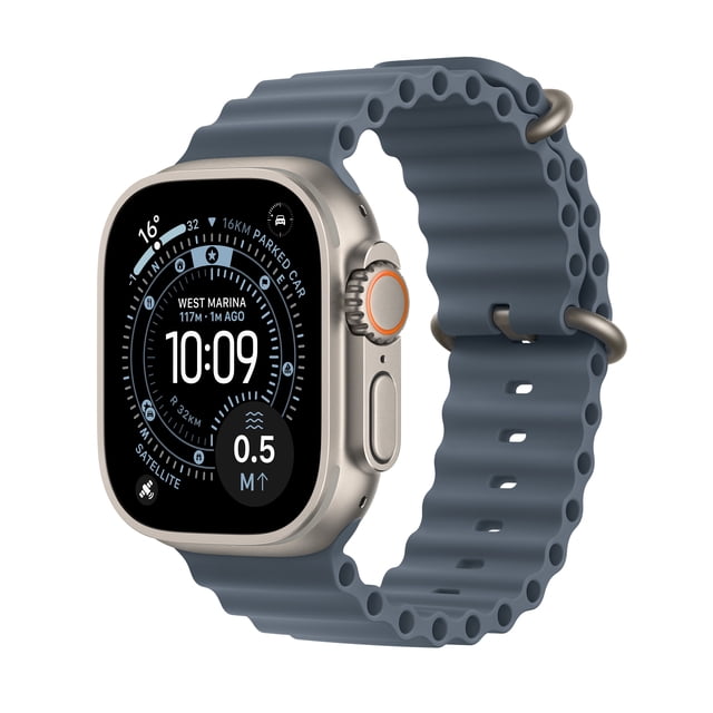 Apple Watch Ultra 3 GPS + Cellular 49mm Natural Titanium Case with Anchor Blue Ocean Band showing GPS navigation, temperature, and time on a large bright display, with a rugged titanium case and perforated blue silicone band, suitable for wearable technology and multiday battery life in outdoor sports and adventure.