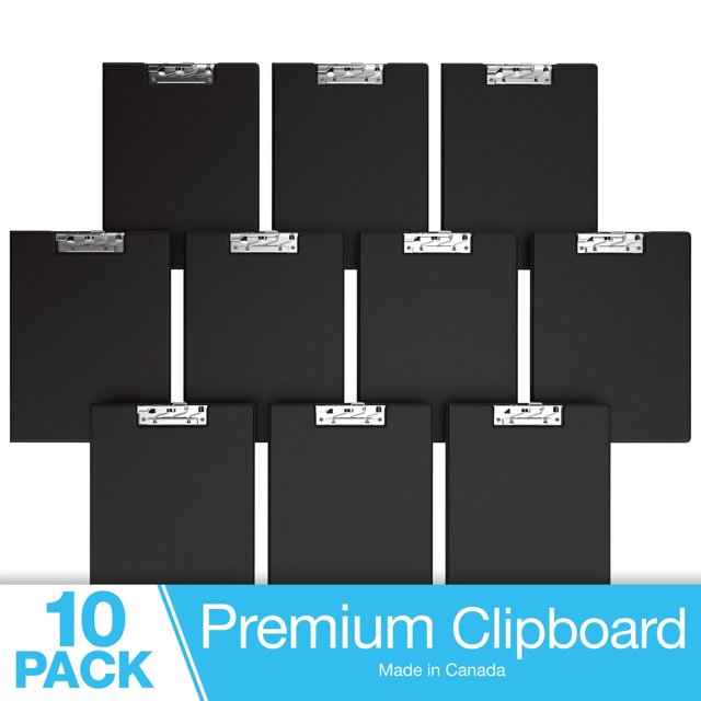 Davis Group Essential Clipboards 10-pack of black clipboards with silver metal clips, durable PVC-free polypropylene construction, clear overlay for customization, and made in Canada, ideal for presentations and securing documents.