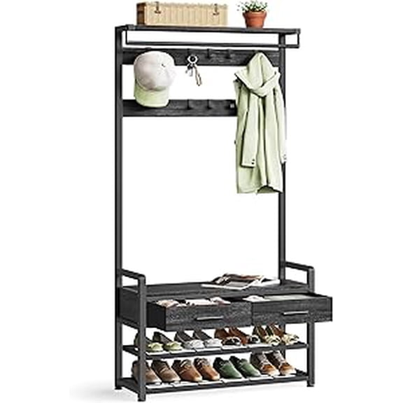 VASAGLE Hall Tree with Bench and Shoe Storage, Entryway Coat Rack with Shoe Bench, 2 Fabric Drawers, 10 Hooks, 6 Side Hooks, Stone Gray and Ink Black
