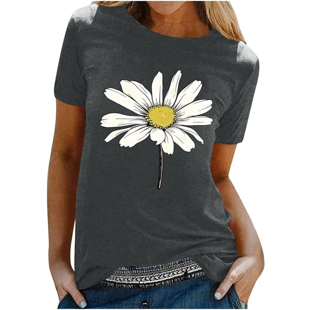KIHOUT Nouveau Haut de Mode d'Été pour Femmes 2025, T-Shirt à Manches Courtes à Col Rond Décontracté à Imprimé Floral Gris Foncé L