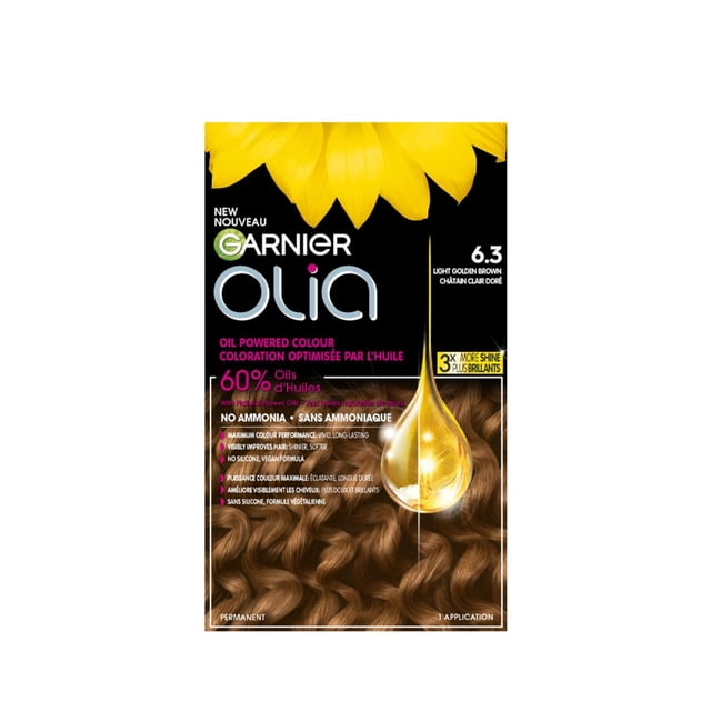 Olia Teinture Capillaire Permanente Sans Ammoniaque par Garnier, Teinte 6.3 Brun Doré Clair, avec Mélange d'Huile 60 % avec des Huiles Florales Naturelles pour une Couleur Vive et Durable et 3X Plus de Brillance, Sans Ammoniaque Ni silicone, Formule Crème Anti-Goutte avec Pétales de Tournesol sur Fond Noir.