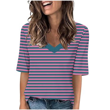 Lenpel T-Shirts pour Femmes Tendance Décontracté Manches Courtes Col en V Tunique Rayée Tee Blouses Amples Hauts d'Été