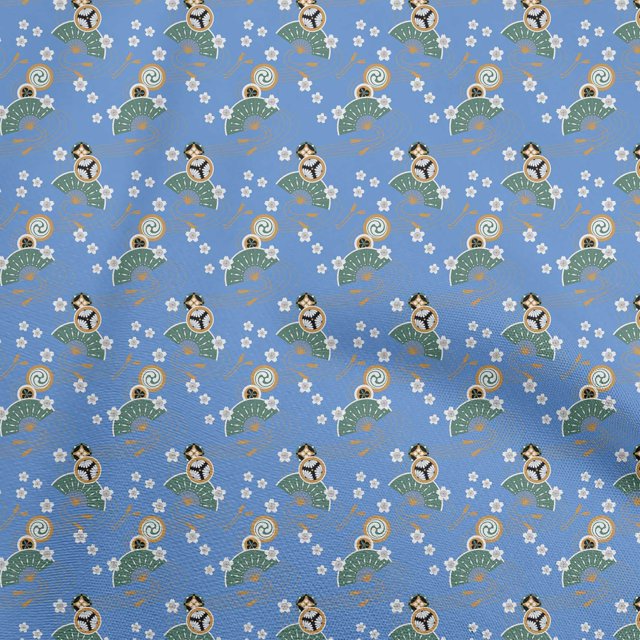 oneOone Polyester Spandex Medium Blue Fabric Asian Japanese Sewing Craft Projects Fabric Prints By Yard 56 Inch Wide