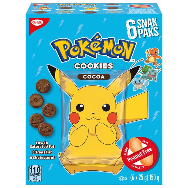 Christie Pokemon Sachets de Collation au Cacao Contenant six Sachets de Collation de 25 g Emballés Individuellement, Ronds, Biscuits au Cacao Format Bouchées en Forme de Personnages Pokemon Incluant Pikachu, Fabriqués dans une Installation Sans Arachides, Faibles en Gras Saturés, Zéro Gras trans, Casher, Convenant aux Collations Scolaires et aux Boîtes à Lunch.
