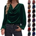 thumbnail image 1 of QATAINLAV T-Shirts en Velours Kaki pour Femmes, Unis, Décontractés, à Manches Longues, Col Bénitier, Drapé, devant Froncé, Chemisiers, Hauts L, 1 of 7