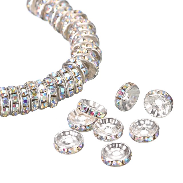 Uxcell Metal Spacer Beads Plated Crystal Rhinestone Spacer Beads Round Spacer 200Pcs AB White 8mm