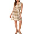 thumbnail image 1 of INSPIRE CHIC Women's V Neck Check Ruffled Sleeve Belted Plaids Mini Dress XS Brown, 1 of 7