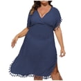 thumbnail image 2 of Jovati Robe à Manches Courtes à Col en V pour Femmes, Robe de Plage en Polyester Uni avec Détail Ajouré Patchwork, Coupe Ample, Longueur Genou, Tenue Décontractée Quotidienne, 2 of 5