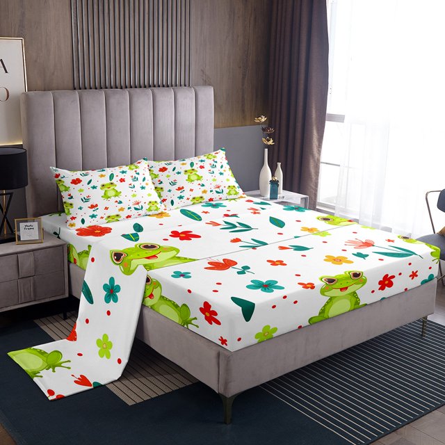 YST Frog Bed Sheets Set Full Sheet Sets For Girls Kids Wild Animal Sheets, Cute Flower Animal Bed Set Botanical Flower Pattern 3D Fitted Sheet + Top Sheet + 2 Pillowcases