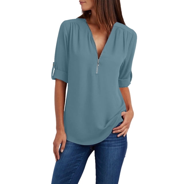 Women's Loose Chiffon Shirt - Long Sleeves, Zipper Detail, Plus Size Button Top