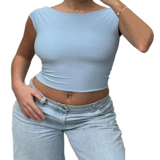 MesaSe Débardeurs pour Femmes Sans Manches à Encolure Bateau Couleur Unie Décontracté Fête Rue Chemise Courte