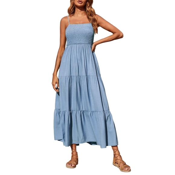 zanvin Dresses for Women, Women's Bohemian Spaghetti Strap Smocked Tiered Long Beach Sun Dresses Sleeveless Solid Maxi Dress