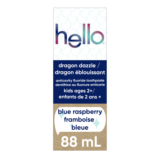 hello Dragon Dazzle Kids Toothpaste with Fluoride in blue raspberry flavour, 88 mL box with bilingual English and French text, anticavity fluoride toothpaste for kids ages 2 and up, designed to support healthy teeth and cavity prevention.