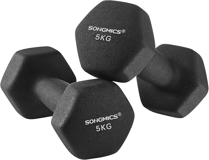 SONGMICS Set of 2 Dumbbells, 2 x 5 kg Hand Weights with Neoprene Coating, Hexagonal Dumbbells Pair, Home Workout, Fitness Training Exercise, Ink Black