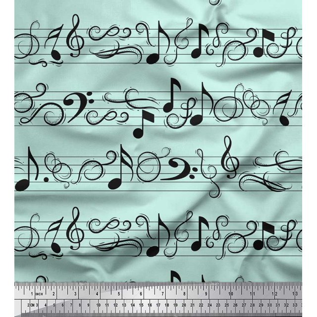 Soimoi Green Cotton Poplin Fabric Notes Musical Instrument Print Fabric by Yard 56 Inch Wide