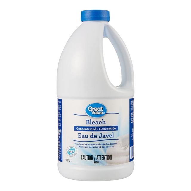 Great Value Javellisant Concentré dans une Pichet en Plastique Blanc de 1,27 L avec Bouchon à Vis Bleu, Étiqueté en Anglais et en Français pour Blanchiment, Élimination des Taches et Désodorisation, Convient à une Haute Efficacité et aux machines à Lessive standard avec Prudence d'Utilisation.
