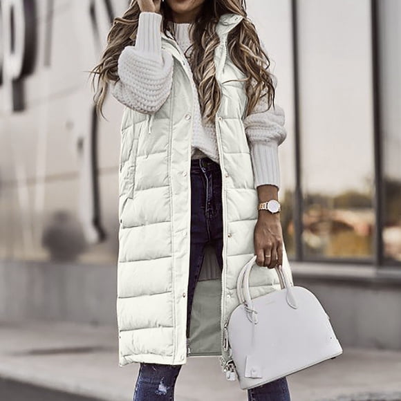 Meichang Gilet Long en Duvet pour Femme Sans Manches à Capuche Veste Grande Taille Hiver Chaud Ajusté Manteaux à Fermeture Éclair Extérieur Doudoune Matelassée Gilet