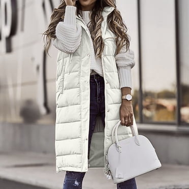 Meichang Gilet Long en Duvet pour Femme Sans Manches à Capuche Veste Grande Taille Hiver Chaud Ajusté Manteaux à Fermeture Éclair Extérieur Doudoune Matelassée Gilet