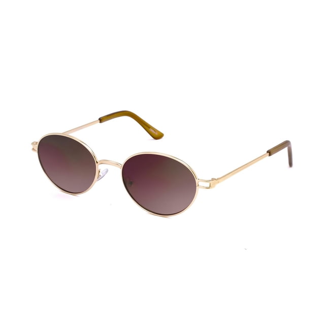 Time & Tru Women's Gold Oval Sunglasses with a gold metal frame and gradient brown to pink oval lenses, slim temples with brown tips, shown at a slight angle on a white background. These sunglasses offer 100% UVA/UVB protection and a vintage-inspired style suitable for adult women and teens, often used to add retro flair to everyday looks.