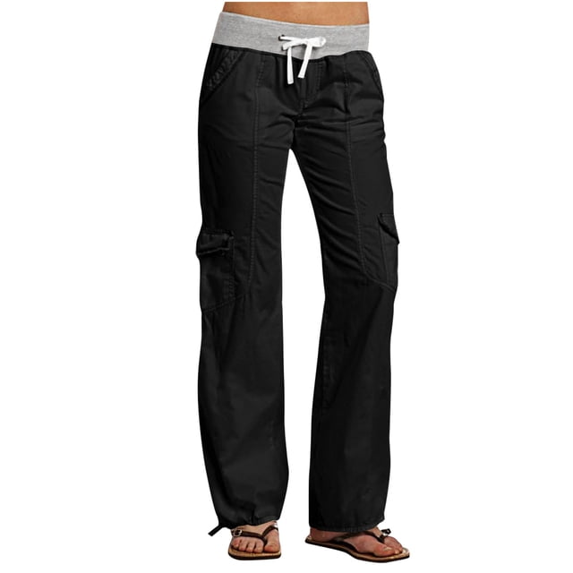Timegard Pants for Women Low Waisted Drawstring Cinch Bottom Straight Leg Outdoor Cargo Pants with Pockets