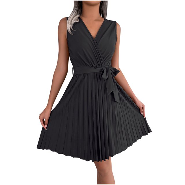 Birdeem Robe Sans Manches à Col en V Croisé pour Femmes, Couleur Unie, Taille Pliée