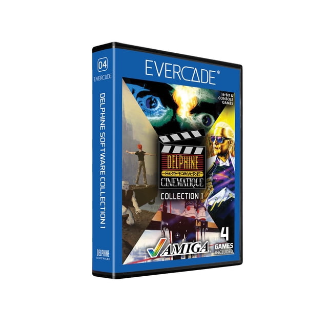 Evercade Étui à Cartouche de Jeu Delphine Software Collection 1 avec Bordure Bleue, Présentant un collage d'Oeuvres d'Art de Quatre Jeux Amiga Classiques, Incluant Future Wars, Opération Stealth, Another World et Flashback, compatible avec Tout le Matériel Evercade.