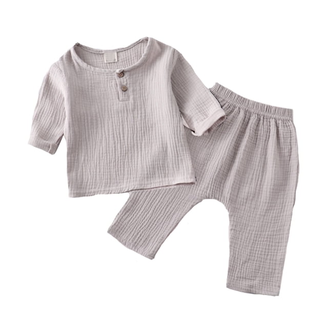 Girls Spring Outfits Solid Pullover Long Sleeve Linen Nine Inch Pants Crewneck Baby Boy Clothes Gray 6-12 Months