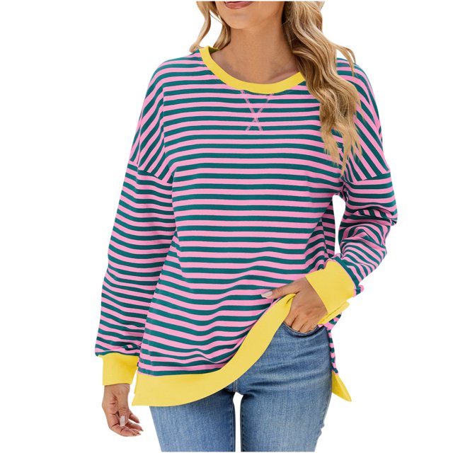 Pisexur Chandails pour Femmes 2024 Mode d'Automne à Rayures Chandails à Manches Longues pour Femmes Décontractés Amples à Col Rond Chandails Confort Chandail Surdimensionné pour Femmes Chandails à Capuchon Basiques Chandails à Enfiler
