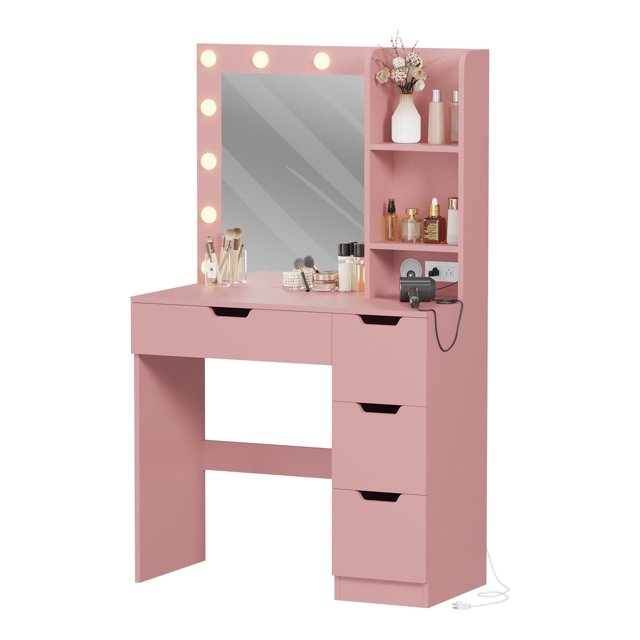 35.4" Vanity Desk with Mirror & Lights, 4 Drawers, 3 Shelves, Power Outlets