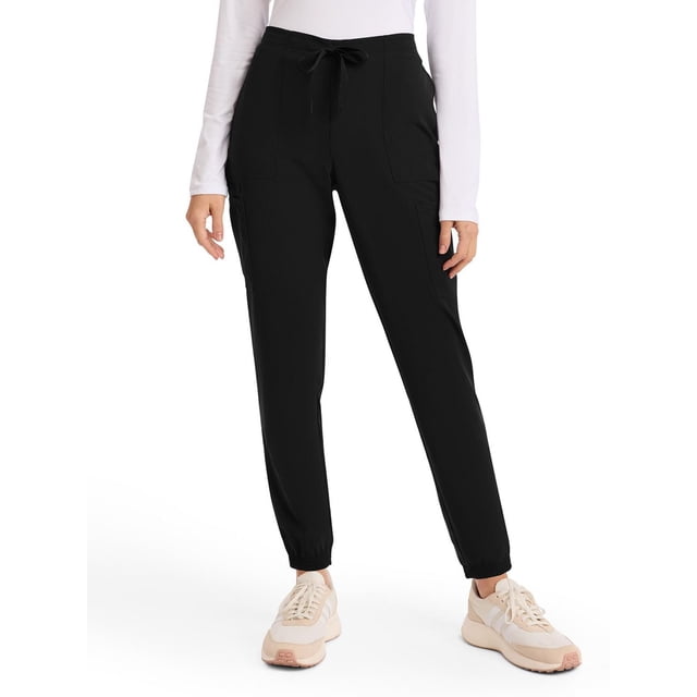 Scrubstar Core Essential Women's Drawstring Jogger in black featuring an adjustable drawstring waist, two side pockets, double cargo pockets with pen slot, and elasticized ankle cuffs, made from mechanical stretch fabric for comfort and durability, suitable for workwear and casual wear.
