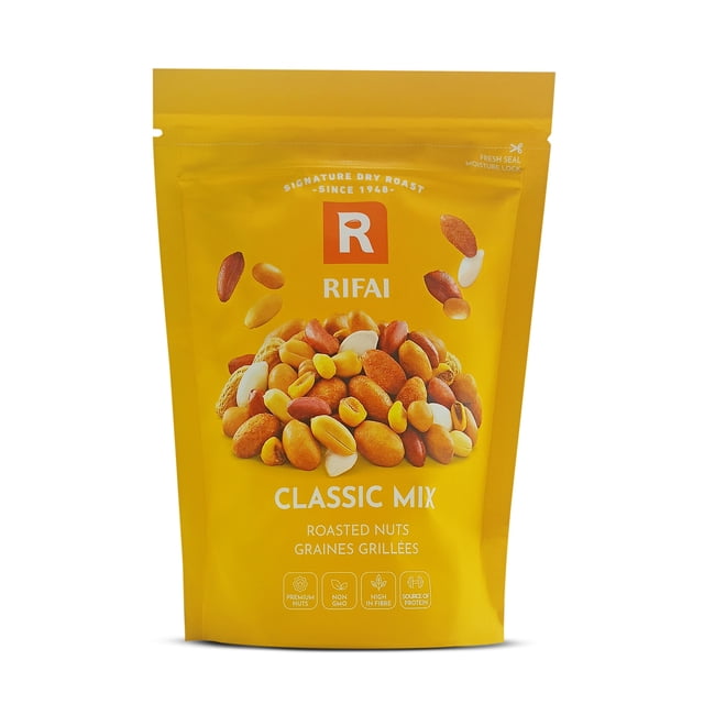 Rifai Classic Mélange 300 g Jaune Pochette Refermable Contenant des Noix Mélangées Rôties Incluant des Arachides et des Amandes, Étiqueté non-OGM, Riche en Fibres et une source de Protéines, Convient pour Grignoter sur le Pouce Ou Ajouter aux Mélanges de Randonnée.