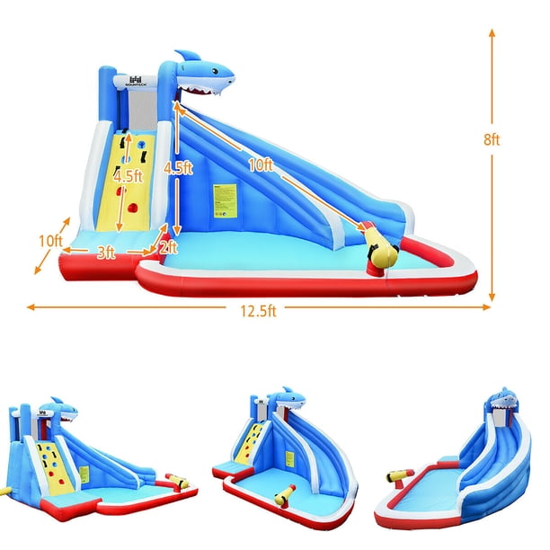 COSTWAY – Château Gonflable Requin Avec Toboggan Aquatique, Mur D’escalade, Canon à Eau – 401 X 307 X 255 Cm