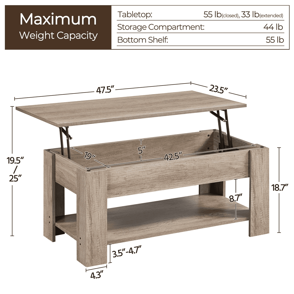 Fullfurnique Lift Top Coffee Table with Large Hidden Compartment and Storage Open Shelf, Gray