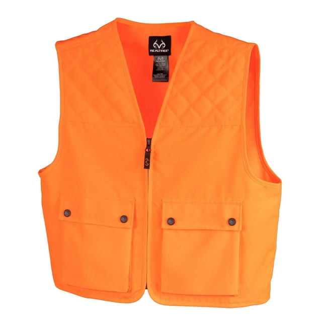 Realtree Blaze Orange Youth Cover Vest in bright blaze orange polyester with zippered front V-neck, two snap-button cargo pockets, and quilted shoulder panels, designed for hunting safety and outdoor visibility in Canada.